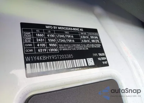 2025 Mercedes-Benz Sprinter 2500 Standard Roof 4-Cyl Diesel из США, поврежденный, VIN W1Y4KBHY9ST203385